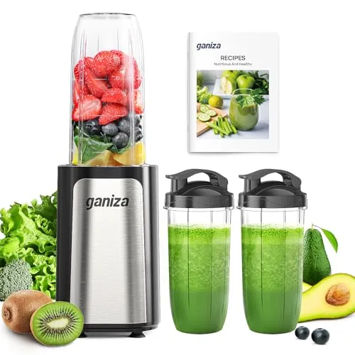 Ganiza Batidora de Vaso，Potencia 900 W Batidora de pie con 3 vasos portátiles (2 x 500 ml y 1 x 700 ml), Minibatidora con 4 Cuchillas de Acero inoxidable,Licuadora eléctrica para batidos y smoothies