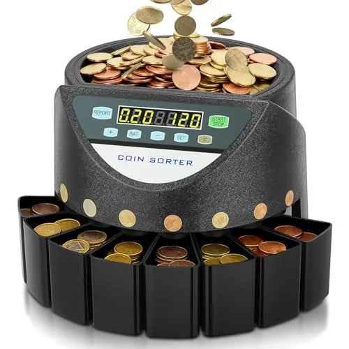 Contador de Monedas Euro, Clasificador de Monedas Capacidad para 700 monedas, Maquina Contar Monedas con 8 cajones de recolección, para colegios, tiendas y bancos