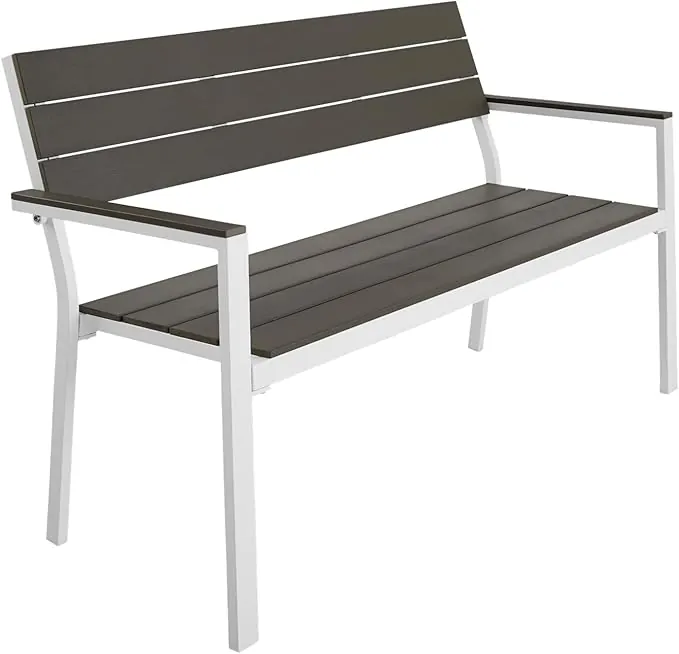 tectake® Banco de Jardín Moderno para Dos Personas, Estructura de Aluminio Resistente, Banco Jardin, Asiento de Poliestireno Efecto Madera, Ideal para Patio y Terraza Exterior - Oscuro/Blanco