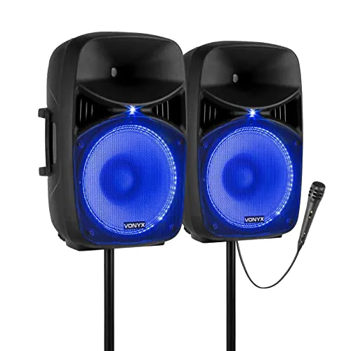 Vonyx VPS152A Altavoces autoamplificados Pack de 2 Altavoces Activo/Pasivo Bluetooth portátiles de 1000W, 15 Pulgadas, micrófono con Cable, Control Remoto, Trípodes, Reproductor MP3 con USB/SD, Leds