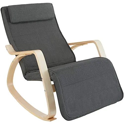 tectake® Silla Mecedora Ergonómica, Reposapiés Ajustable en 5 Posiciones, Cojín Mullido con Cierre, Almohadillas Antideslizantes, Estructura Robusta, Sillon Lectura, Muebles de Salon - Gris Oscuro
