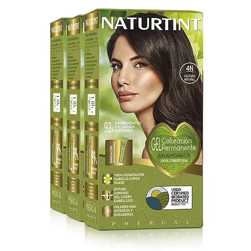 Naturtint Biobased | Coloración sin amoniaco | 100% cobertura de canas | Ingredientes vegetales | Color natural y duradero | 4N Castaño Natural | Pack de 3