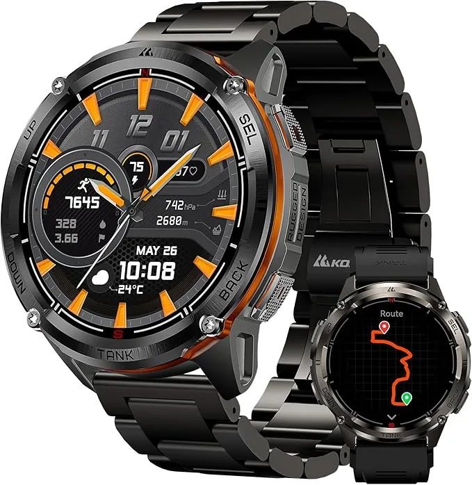 KOSPET Reloj Inteligente Hombre GPS, Acero Inoxidable Bateria Larga Duracion Reloj Inteligente, 1,43'' AMOLED 50ATM Impermeable Smartwatch Hombre Redondo con Llamadas Bluetooth (2 Correa)