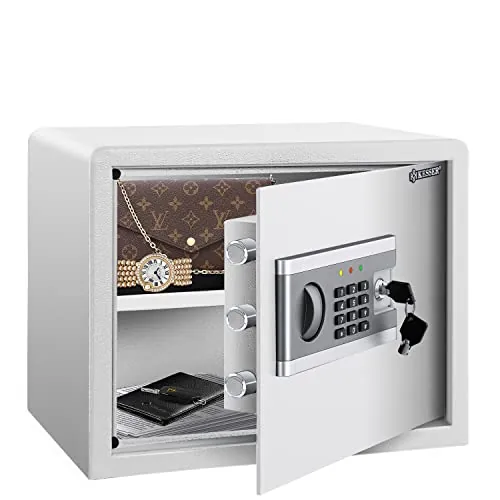 KESSER® Caja Fuerte Electrónica | Caja de Batería | 3 Cerraduras de Doble Perno | Para Pared y Suelo | Para Muebles | Iluminación Interior, L Plata