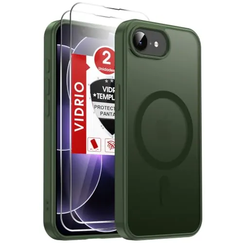 LeYi Funda Magnética para iPhone 17E/16E con 2× Cristal Templado-Verde | Compatible con MagSafe Mate Carcasa Translúcido Esmerilado Grado Militar Antigolpes Case Para iphon i phone16 E/17 E