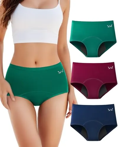 TANSTC Bragas Menstruales Algodon Mujer Cintura Alta Braga Menstrual Algodón Ropa Interior Protección, Bragas Menstruales Flujo Abundante, Azul Marino/Rojo/Verde, S Pack de 3