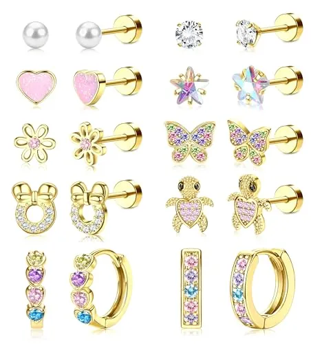 Adramata 10 Pares Pendientes Niña Plata/Oro 14K Hipoalergénicos Pendientes Aro Acero Inoxidable Pequeños Pendiente Niña con Cierre de Tornillo Pendiente Corazón Flor Mariposa Circonita Cúbica