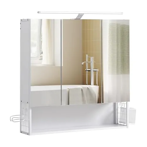 VASAGLE Armario de Baño con Espejo y Luz LED, 3 Puertas, 70 x 16,3 x 70 cm