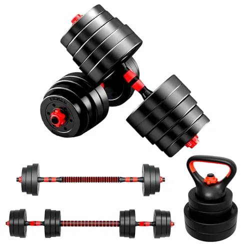 JUPPLIES Juego de Mancuernas Ajustables 4 en 1 + Kettlebell - 10kg 20kg 40kg - Kit de Pesas con Barra Recta Ajustable y Antideslizante - Pesas y Mancuernas Discos Recubiertos - Set de 40 kg