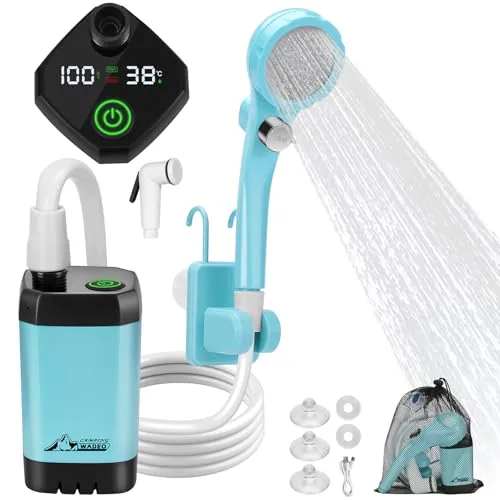 WADEO Ducha portátil de Camping con Bomba, Ducha de Camping con Batería Recargable de 6000 mAh y Doble Pantalla Digital, con Cabezal de Ducha, para Camping, Viajes, Jardín (Azul, Tipo C)