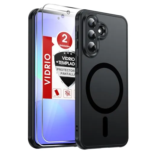 LeYi Funda Magnética para Samsung Galaxy A37/A 37 5G/4G, Negro | [2X Protector de Pantalla] Movil Carcasa Antigolpes Helada Translúcida Antihuellas Cuerpo Completo Capa