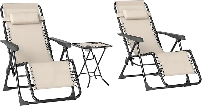 Outsunny Set de 2 Tumbonas Jardín Exterior Plegables con Mesa Auxiliar Portavasos Tumbonas de Gravedad Cero con Respaldo Ajustable Reposabrazos Extraíble para Patio Piscina Terraza Exterior Beige