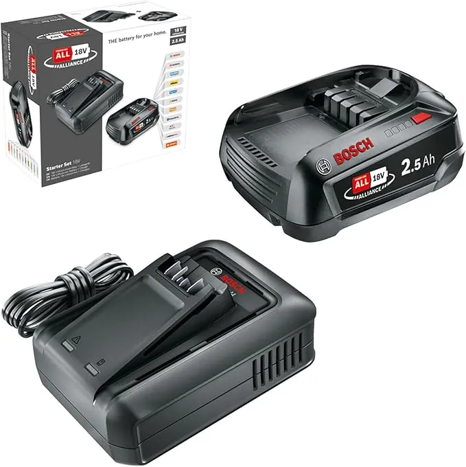 Bosch Kit básico de batería y cargador rápido Starter Set 18V (1 batería de litio de 2,5Ah; 1 cargador rápido; 18V POWER FOR ALL ALLIANCE)
