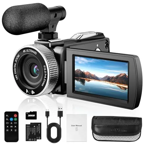 VMotal Cámara 4K 48MP, foto/4K 60FPS, videocámara para vlogging, con 2 baterías, micrófono externo, tarjeta SD y control remoto