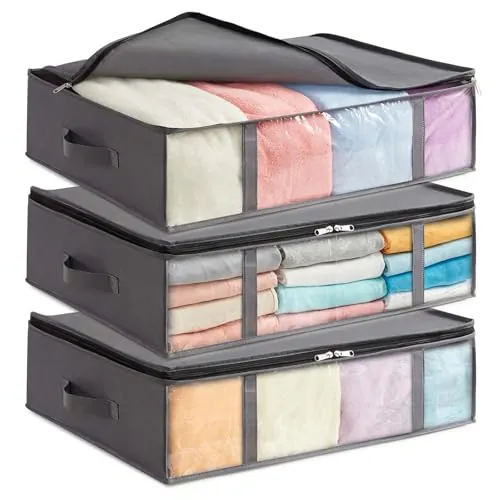 Lifewit Bolsas de Almacenaje para Debajo de la Cama, Cajas para Guardar Ropa con Ventana Transparente Frontal, Organizadore Armario para Toallas, Mantas, Gris, 40 L, 3 Piezas