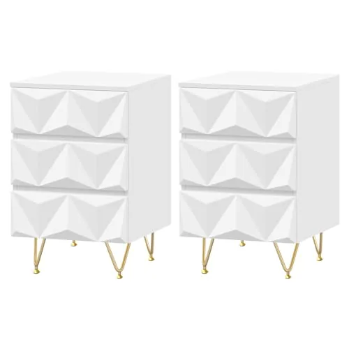 EUGAD Mesitas de Noche Pack 2 con 3 Cajones Efecto 3D Blanco y Dorado, Patas de Metal, 40x40x62,5 cm, Mesillas Elegantes Modernas Auxiliares para Dormitorio y Salón, 0004CTG-2