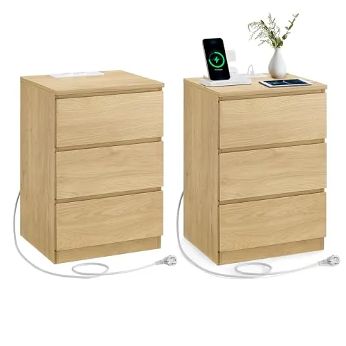 VASAGLE KAILYN Colección - Mesita de Noche con Estación de Carga, Juego de 2, Mesa Auxiliar con 3 Cajones, 2 Tomas AC, 2 Puertos USB, Dormitorio, Estudio, Amarillo Paja LET831Y70