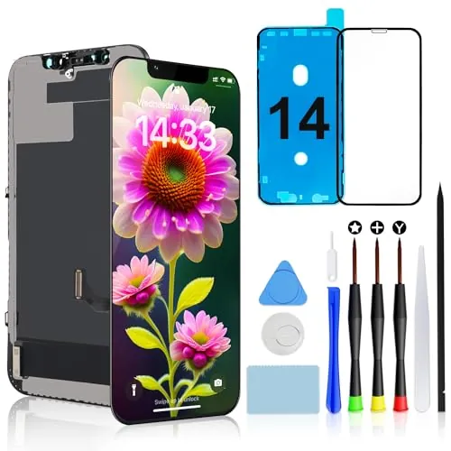 Pantalla para iPhone 14 6,1" LCD COF FHD Kit Repuesto Táctil Digitalizador | Pantalla Retina LCD FHD, Tacto Fluido, Face ID y Apta para Gafas de Sol, Incluye Kit, Cristal Templado y Sello Impermeable