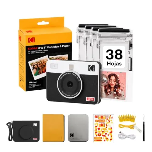 KODAK Mini Shot 3 Retro 4PASS 2-en-1 Cámara Instantánea e Impresora Fotográfica (7,6x7,6cm) + Paquete de Accesorios 68 Hojas, Blanco