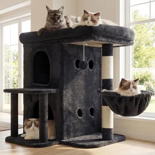 Heybly Árbol para Gatos, 65 cm de Altura, Gris Humo HCT204SG | con una Plataforma Superior Extragrande, Cesta para Gatos de Dos Pisos, Rascador de Sisal, Cesta y Juguetes para Gatos