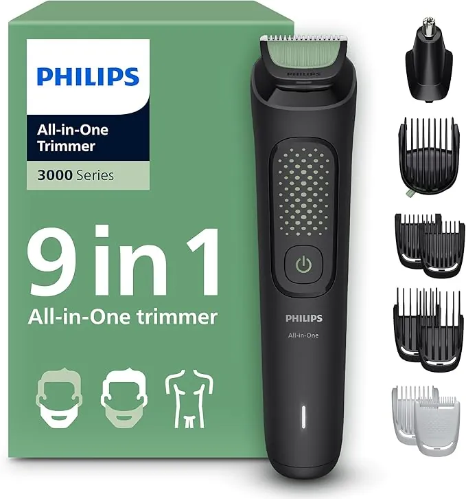 Philips Recortadora Todo En Uno series 3000, Kit 9 en 1, Afeitadora y cortapelos Hombre para Rostro, Pelo y Cuerpo, Barba, Cuchillas Autoafilables suaves con la piel, 12 longitudes, MG3946/15