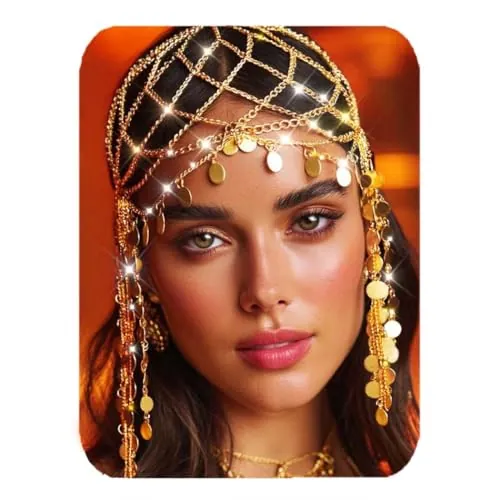 Reaky Diadema con lentejuelas, cadena dorada para la cabeza, Cleopatra, tocado, joyería para mujer
