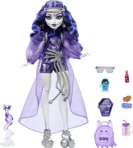 Monster High Spectra Vondergeist Muñeca | Fantasma con ropa púrpura, incluye hurón Rhuen y 7 accesorios como mochila, tableta y snacks, HXH77