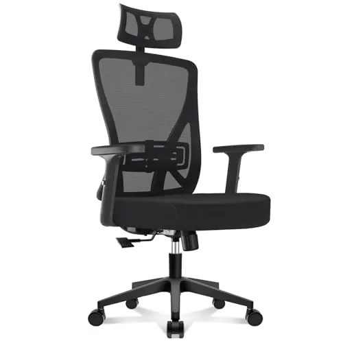 Durrafy Silla de Oficina Ergonómica, Reposacabezas y Soporte Lumbar Ajustables, Malla Transpirable, 120° Inclinación（No se Puede Bloquear）, 360° Giratoria, Carga 150kg. (Negro)