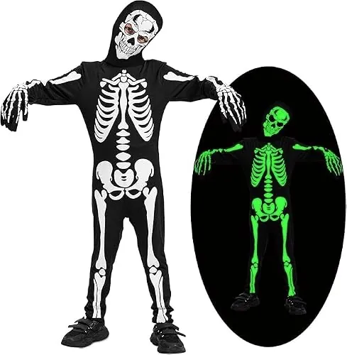 Lozzzyo Disfraz Esqueleto Niño,Disfraz Halloween Niño con Motivos de Esqueletos y Calaveras Que Brillan en la Oscuridad, Disfraces Halloween Niños para Carnaval, Fiestas Temáticas. (11-12 años)