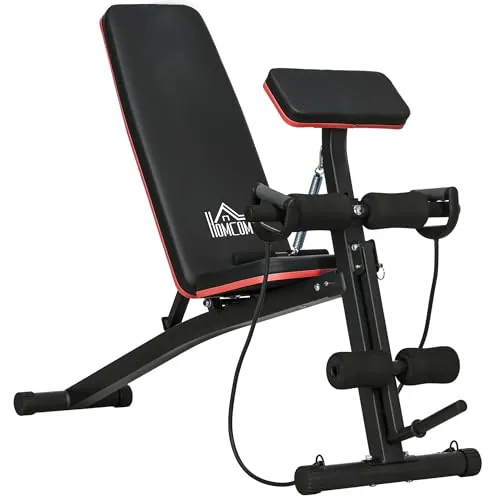 HOMCOM Banco de Musculación Plegable, Banco de Pesas, Respaldo Inclinable de 7 Niveles, Extensión de Pierna, Cojín de Predicador, Banda de Resistencia, para Entrenamiento Completo, Casa Gimnasio, Rojo
