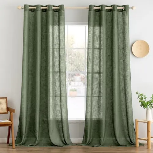 MIULEE Juego de Cortinas de Lino Translúcido con Ojales Verde Oliva 225x140 | 2 Piezas, Visillo Lino para Dos Puertas de Balcón Cortinas, Modernas Decorativas para Salón Dormitorio Habitación
