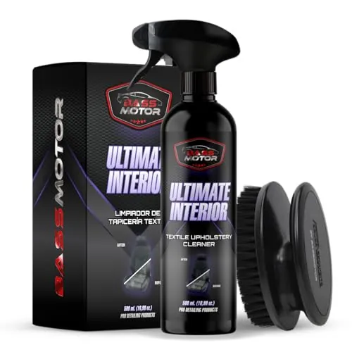 BassMotor Limpia Tapicería Textil para Asientos y Alfombrillas Coche, Limpiador Interior Tejidos de Coches con Cepillo Incluido Uso Fácil Aroma Fresco - Ultimate Interior 500ml + Cepillo