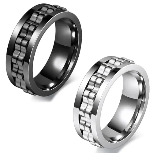 URYVAIW Anillo Anti-Estrés 2er Set, Negro & Plata, Anillo Giratorio, Acero Inoxidable, Reducción del Estrés, Regalo para Hombres & Mujeres