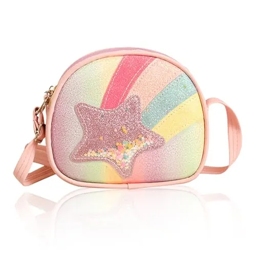 FOSDICK Bolso Niña, Rainbow Bolso Pequeño con Correa Ajustable Bandolera de Felpa para Niña 3-10años, 16 x 6 x 14cm