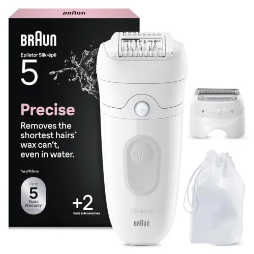 Braun Silk-épil 5, Depiladora Eléctrica Mujer Para Una Eliminación Del Vello Fácil, Depilación En Seco Y En Mojado, Con Cabezal De Rasuradora, Piel Suave Duradera, 5-041, Blanco/Gris