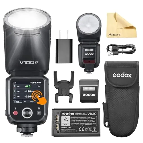 Godox V100-C V100 C Round Head Flash TTL Speedlite 2.4G Wireless Speedlight Strobe,100Ws HSS 1/8000s con Batería Li-Ion para Cámaras Canon