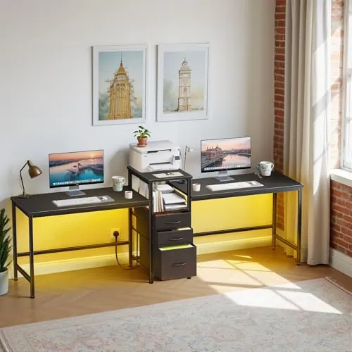 OYRREU Escritorio Doble 236 cm, Estación de Carga, Cajones, LED, Negro | Enchufes y Puertos USB, 3 Cajóns de Tela, Estante para Impresora, Mesa Oficina, Eescritorio Gaming, 236 x 46 x 74 cm