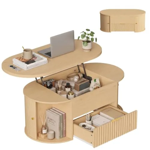 HOMCOM Mesa de Centro Elevable con Almacenaje, Compartimento Oculto, Roble | Mesa de Café para Salón, Cajón Frontal Ondulado y Puertas Correderas Tipo Persiana, para Comedor, 100x50x40-55 cm