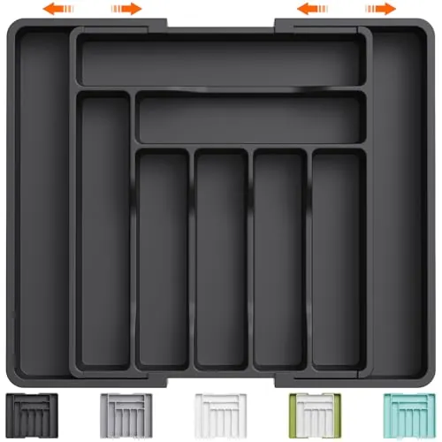 Lifewit Organizador de cubiertos de cajón, Bandeja de cubiertos expandible para cajón de cocina, portautensilios y cubiertos ajustable, Portacucharas, tenedores, cuchillos, almacenador, grande, Negro