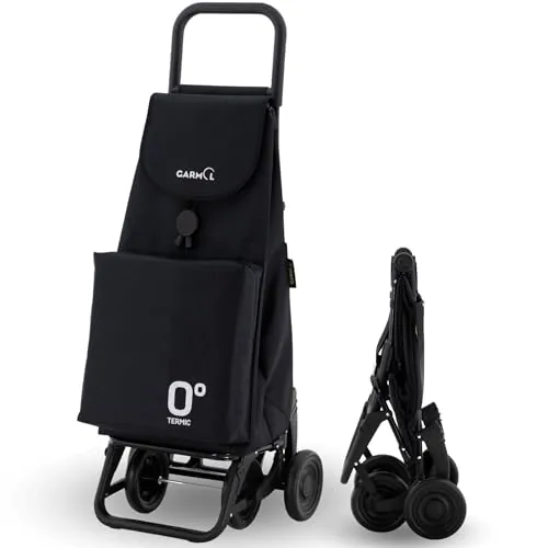 GARMOL Carro de la Compra Térmico Plegable 55 Litros |Bolsillo Térmico Interior de 11 Litros | Carro de la Compra 4 Ruedas Gran Capacidad Abatible | Carrito Compra Plegable Color Negro
