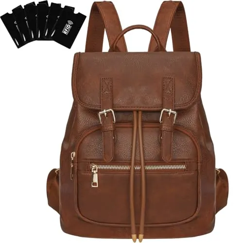 Leathario Mochila Mujer Elegante de Cuero Vegano, Antirrobo con 6 Fundas RFID Incluidas, Mochila Casual Impermeable para Universidad, Viajes y Uso Diario, Regalo Mujer