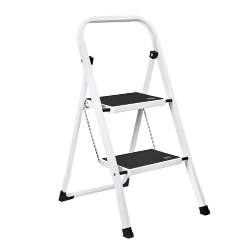 Escalera Plegable de 2 peldaños con Estructura de Acero | Taburete Multifuncional con Superficie Antideslizante y Base Estable | Ligera, portátil y Segura para hogar, Oficina y tareas domésticas