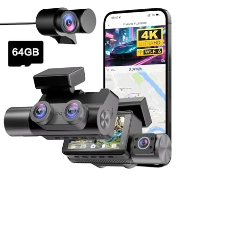 Frvesroe Dashcam Cámara Coche 4K+1080P+1080P, 3 Canales Dash CAM Coche con Tarjeta SD de 64GB, GPS y WiFi 6, Monitor de Aparcamiento 24h Camara Coche, Visión Nocturna HDR/WDR, Grabación de Bucle (V1)
