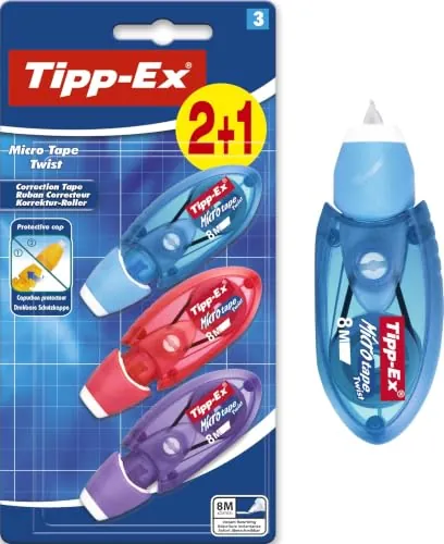 BIC Tipp-Ex Cinta Correctora de Bolígrafos, Óptimo para Material Escolar, Micro Tape Twist, 8m x 5mm, Con Cabezal Rotativo, Blíster de 3, Multicolor