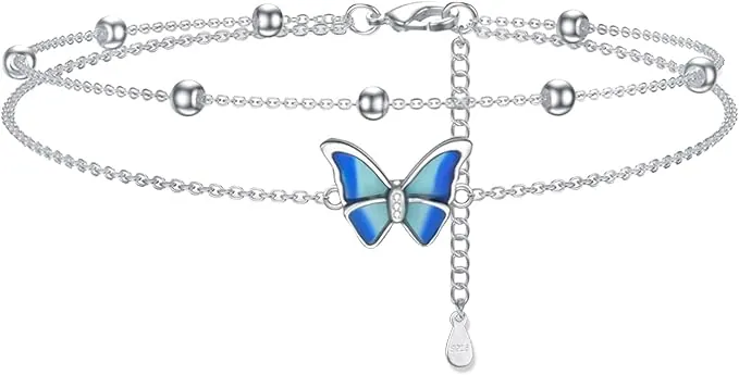 Regalos Tobillera Plata de Ley 925 Tobilleras Doble Capa para Mujer Bola Redonda con Mariposa Cadena Ajustable Joyería