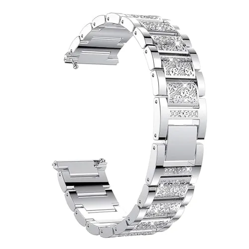 Pulsera de diamantes de imitación para mujer, 20 mm/22 mm, acero inoxidable brillante (plata, 22 mm)