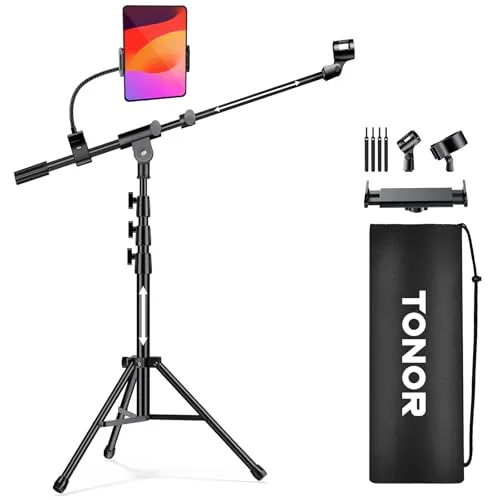 TONOR Soporte de Micrófono con Soporte para Tableta y Móvil, Trípode Suelo con Altura y ángulo Ajustables, Soporte Resistente para Conciertos Videoconferencias Escenarios con Bolsa de Transporte, T35