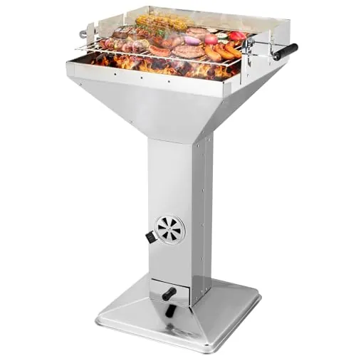 TLGREEN 63*48*92cm Barbacoa de carbón de acero inoxidable, Barbacoa de carbón de columnas con rejilla cromada, Cenicero y ventilación, Altura ajustable en 3 posiciones, Outdoor,BBQ,Spiaggia, Giardino
