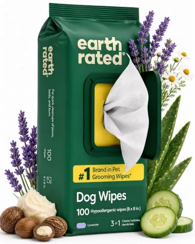Earth Rated Toallitas hipoalergénicas para Perros, para Limpiar y Eliminar olores de Patas, Cuerpo y Trasero, Cachorros y Perros Adultos, Aroma a Lavanda, 100 Unidades