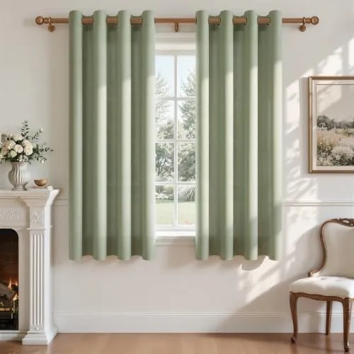 CUTEWIND Cortinas Verdes Lino Translúcida Dormitorio Cortas 2 Piezas 140x160 cm, Cortinas Rusticas y Visillos con Ojales para Ventanas Cocina Salon Modernas Comedor Habitacion